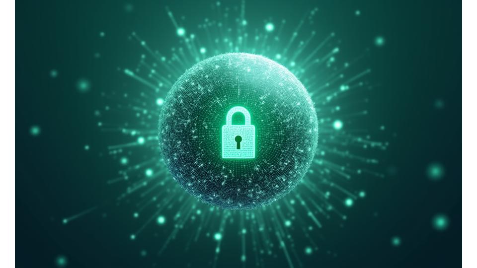 Illustration of secure data protection with intertwined digital shields and biometric locks in a peaceful, natural setting.
